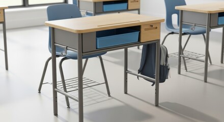 A modern, empty school desk and chair in a bright and clean classroom. The minimalist design with wood and metal is perfect for showcasing contemporary educational furniture and learning environments.