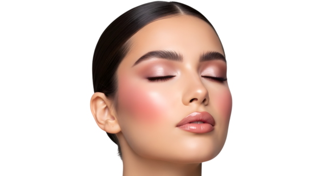 Closeup of a womans face with eyes closed, showcasing glowing makeup with blush and lip gloss, isolated on transparent background