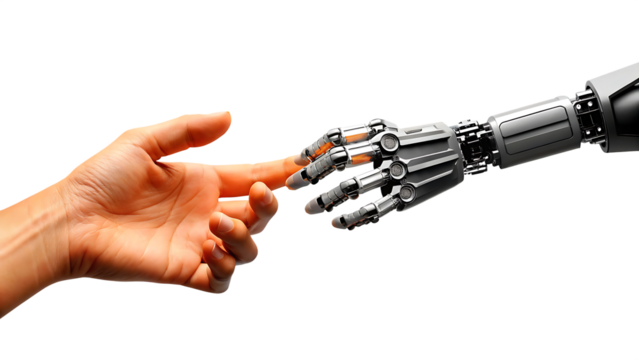 human hand reaching towards a robotic hand concept isolated on white background, png, ai generated.