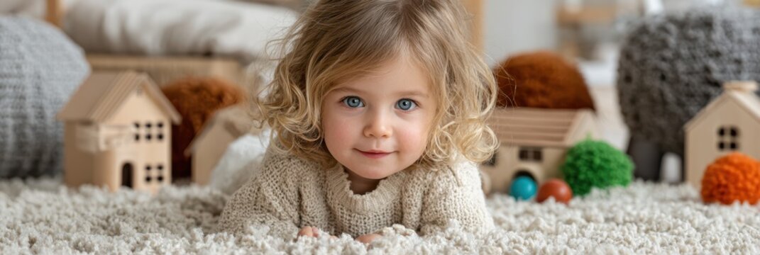 Curly-haired child playing on cozy rug with wooden toys in a bright and inviting indoor space