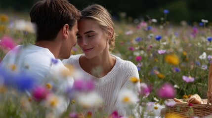 Couple having a romantic picnic in a blooming spring meadow with wildflowers