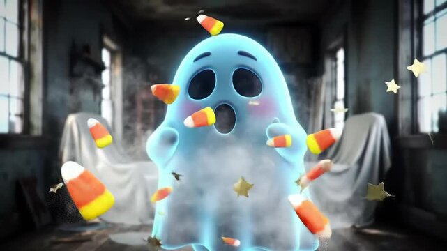 A happy ghost animation in a spooky abandoned room surrounded by candy and stars on a happy Halloween night