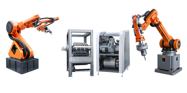 industrial robotic arms in manufacturing assembly isolated on white background, png, ai generated.