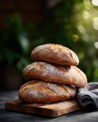 Freshly baked artisan bread loaves stacked on a wooden board with rustic kitchen background