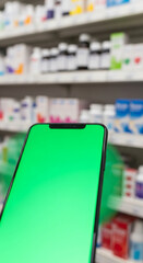 Smartphone with green screen in a pharmacy aisle with medicine shelves blurred.