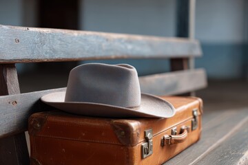 A vintage leather suitcase and a wide-brimmed hat resting on a weathered wooden bench at a train station