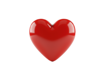 A single, ultra-realistic, vibrant red heart with a glossy finish and soft reflections, isolated on a transparent seamless background. Concept of vitality and well-being