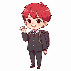Cheerful anime student with red hair waves hello ready for school day