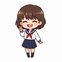 Joyful anime student gives peace sign, celebrating school spirit and youth