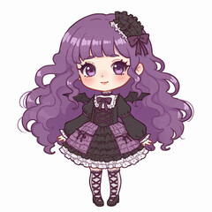 Adorable gothic lolita anime girl with purple hair and bat wings