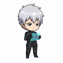 Serious anime boy in futuristic suit examines glowing holographic interface screen