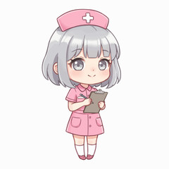 Cute anime nurse records patient information with a smile