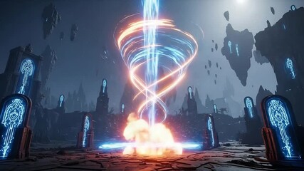 Futuristic Energy Portal Vortex Over Runic Monoliths in Floating Alien Landscape. - Powered by Adobe