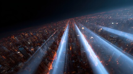 An aerial view of a vibrant cityscape, with glowing data lines connecting key financial centers, symbolizing finance and globalization.