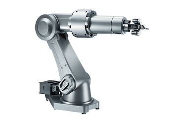 metallic robotic arm 3d rendering isolated on white background, png, ai generated.