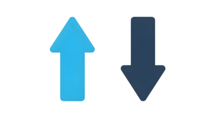 A blue upward arrow and a dark blue downward arrow side by side, isolated on a transparent background