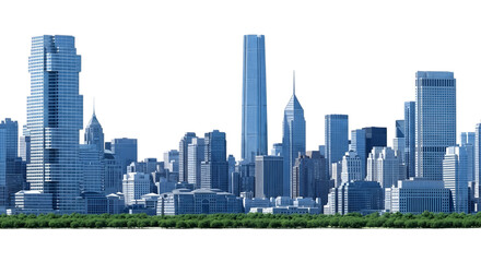 Naklejka premium A panoramic view of a modern city skyline with numerous tall skyscrapers and buildings, set against a transparent background with a green grassy foreground