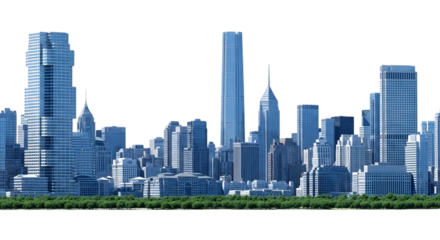 A panoramic view of a modern city skyline with numerous tall skyscrapers and buildings, set against a transparent background with a green grassy foreground