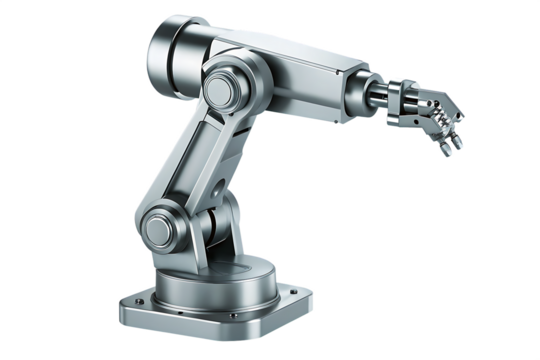 metallic robotic arm 3d rendering isolated on white background, png, ai generated.