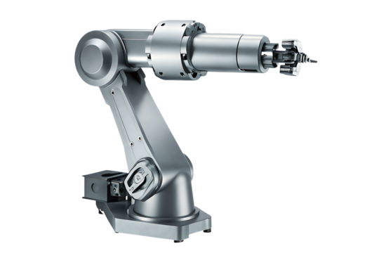 metallic robotic arm 3d rendering isolated on white background, png, ai generated.