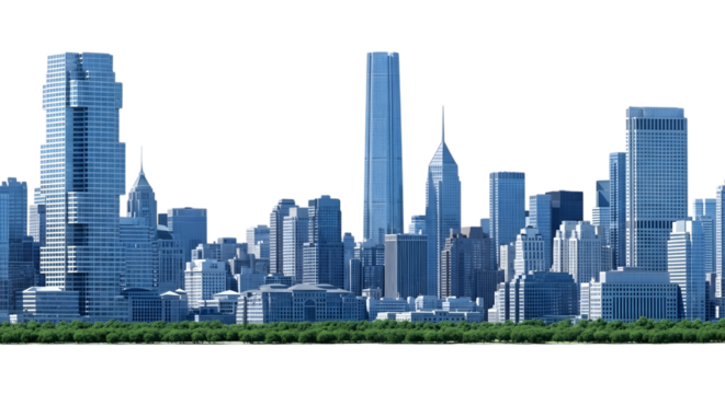 A panoramic view of a modern city skyline with numerous tall skyscrapers and buildings, set against a transparent background with a green grassy foreground