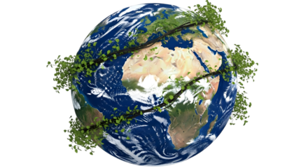 The earth as a living planet, with green vines and leaves growing around it, isolated on a transparent background