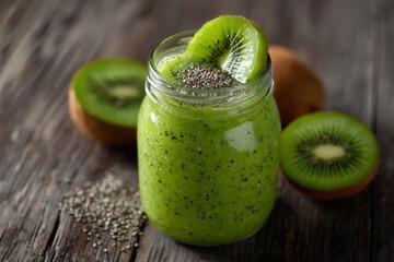 Healthy green smoothie in a glass jar topped with fresh kiwi slices and chia seeds, placed on a rustic wooden table