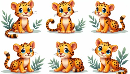 Naklejka premium Set of six cute cartoon jaguars in playful stalking, resting poses, surrounded by green foliage. Adorable jungle cats feature bright blue eyes, orange fur with black spots, striped tails. Perfect for
