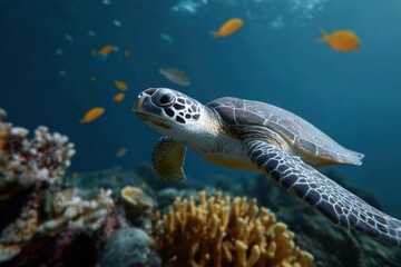 Fototapeta premium Underwater shot of a sea turtle gliding gracefully above vibrant coral reefs with colorful fish