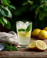 Fototapeta premium A glass of homemade lemonade with ice cubes and fresh mint leaves placed on a rustic wooden picnic table