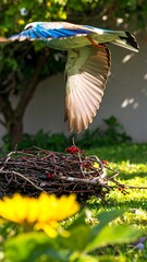 Bird in flight near a nest