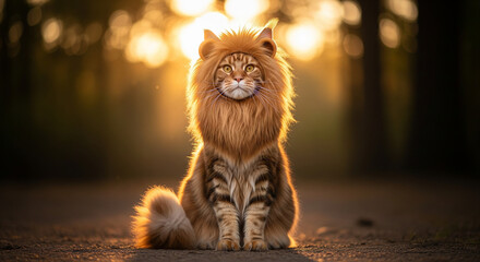 Maine Coon Cat Wearing Lion Mane Costume Halloween Animal Portrait