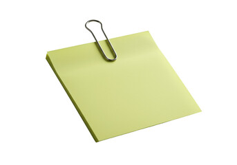 Pristine blank yellow 3x3 sticky note with clean sharp edges and a minimalist silver paper clip attached, on an immaculate light grey surface with negative space, high-key studio photo, crisp focus,