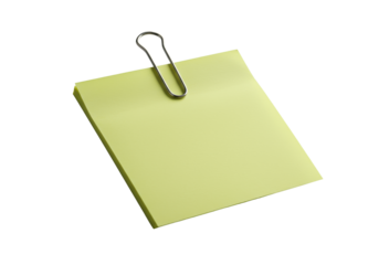 Pristine blank yellow 3x3 sticky note with clean sharp edges and a minimalist silver paper clip attached, on an immaculate light grey surface with negative space, high-key studio photo, crisp focus,