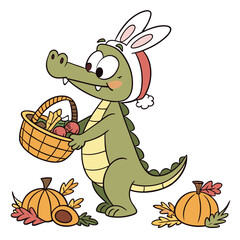 Whimsical Alligator feeling Bashful in a Thanksgiving setting with wearing bunny slippers – colored in Harvest Blessings