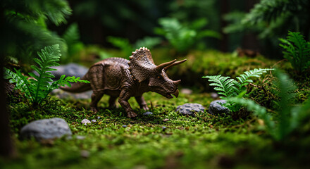 Obraz premium Toy Triceratops in a Lush, Miniature Prehistoric Landscape with Ferns