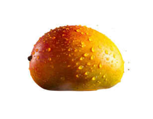 Surreal Glowing Mango with Floating Water Droplets and Mist