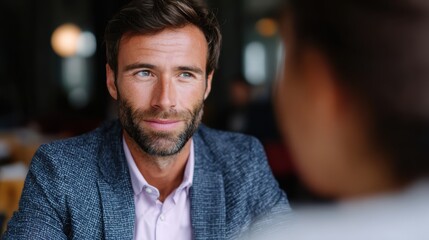 Obraz premium A business casual-dressed professional having a one-on-one meeting with a client in a modern cafe.