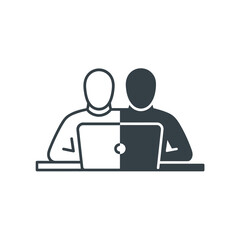 Two people sharing a laptop at a desk in a minimalist style