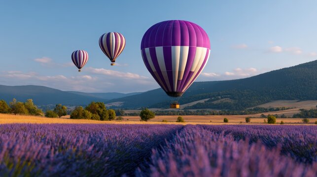 Hot air balloons ascending over a lavender field bathed in golden sunrise light with rolling hills beyond - Powered by Adobe