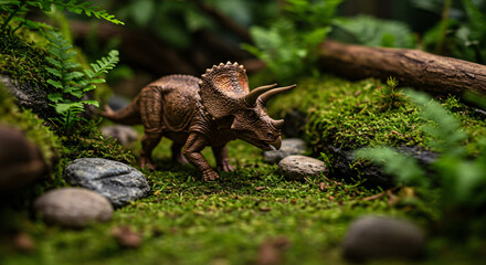 Obraz premium A miniature triceratops dinosaur explores a lush, mossy forest floor, evoking a prehistoric world concept