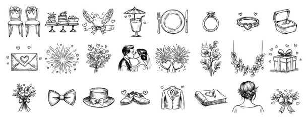 Wedding and marriage hand drawn icons collection set