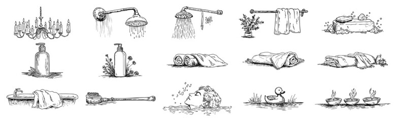Bathroom spa doodle icon set vector