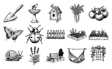 Gardening and nature vintage sketch icon collection