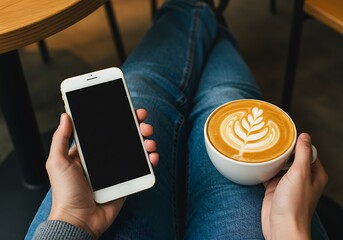 Person holding a smartphone and a coffee cup with latte art