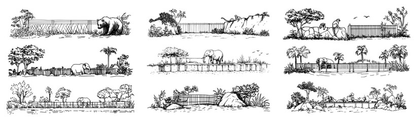 Zoo animals in enclosures hand drawn illustration set © Kaz