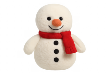 Smiling snowman plush toy wearing red scarf on transparent background