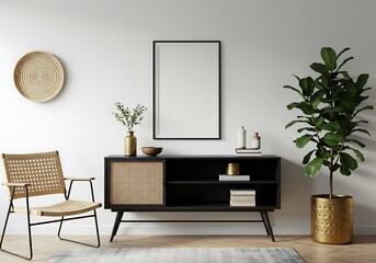 Modern living room display with woven chair and black cabinet