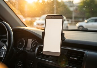 Smartphone mounted on car dashboard with sun glare