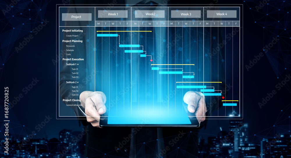 Poster hands showcase a tablet featuring a gantt chart, illustrating project phases and schedules in a mode